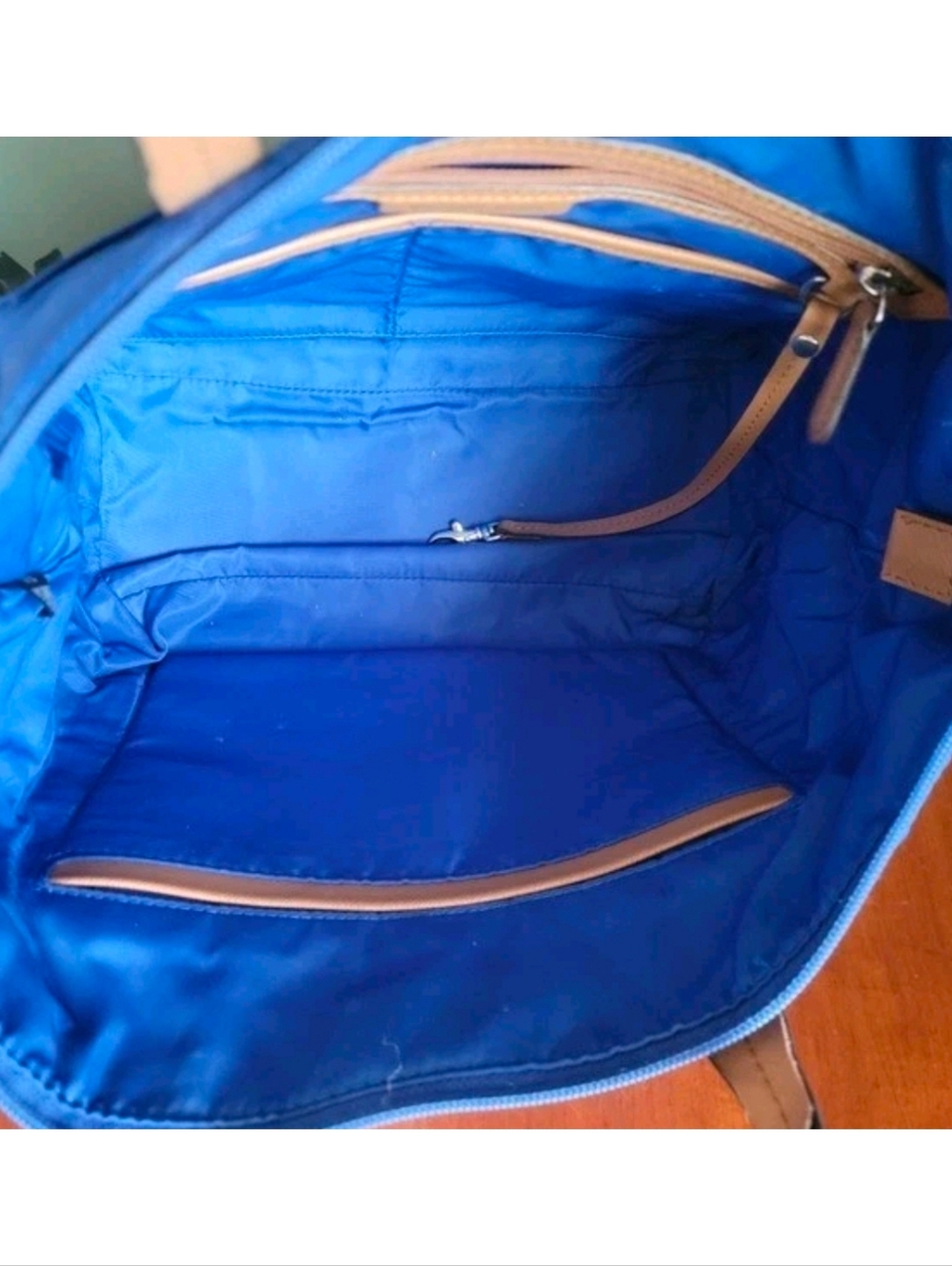 Michael Kors Kelsey Medium Tote Blue Tan Nylon Leather Bag - Picture 12 of 16